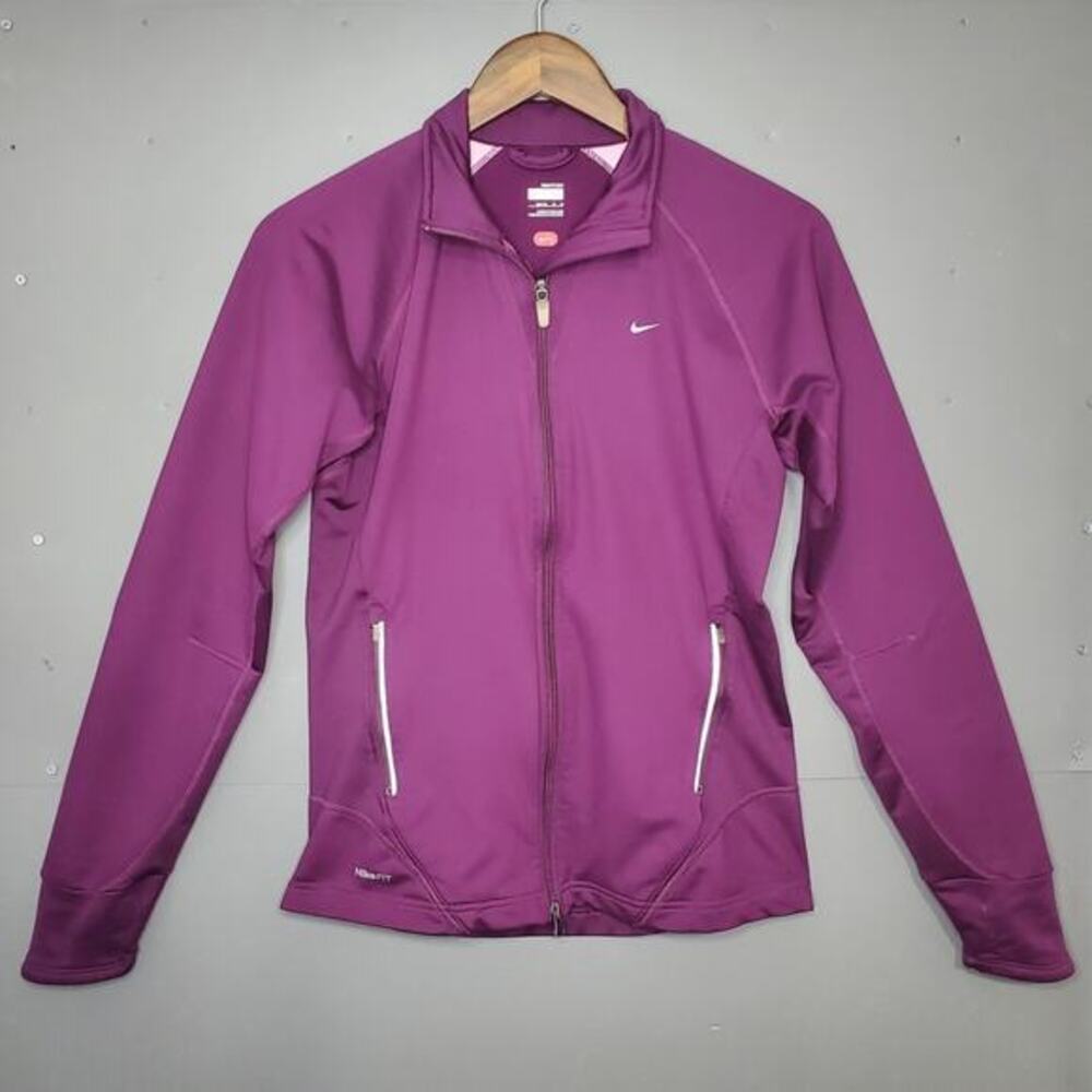 Nike Fit Dry Womens M Purple Full Zip Running Track Jacket Pink Trim Mock Neck